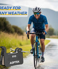 Cyclist riding in rain with High Performance Mountain Bike Disc Brake Pad Set Four Pairs Quiet Resin And Brass Fiber Set.