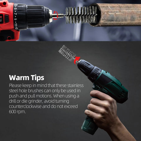 12 Piece Stainless Steel Bore Brush Set For Drill With 1/4 Inch Hex Shank in use, brushing the interior of a pipe, instruction on RPM limits.