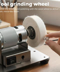 Wool grinding wheel on Hella Versatile Mini Bench Grinder for polishing small parts and achieving a mirror-like finish.