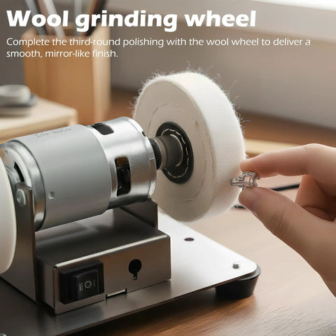 Wool grinding wheel on Hella Versatile Mini Bench Grinder for polishing small parts and achieving a mirror-like finish.