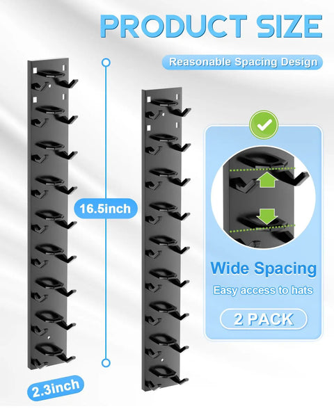 Solid Grip Two Pack Black Hat Organizer For Baseball Caps With Heavy Duty Adhesive Wall Mount Rack Bringing Roomy Multilayer Design And Zero Squeeze Drama So Your Fresh Collection Stays Flawless Holds Up To Eighteen Hats
