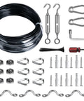 Heavy Duty Outdoor String Light Hanging Kit With 100Ft Black Vinyl Coated Stainless Steel Cable, Turnbuckles, Thimbles, And Hooks