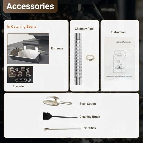 Electric Coffee Roaster 500 Gram Capacity With Three Smart Roast Settings includes accessories like controller, chimney pipe, bean spoon, and brushes.