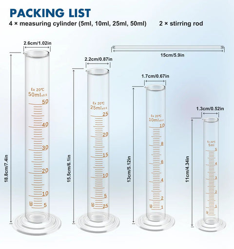 Beaker Set With 4 Glass Beakers And 4 Graduated Cylinders Plus 2 Stirring Rods For Chemistry Experiments Easy Read Measurements displayed