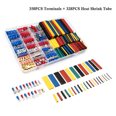 Heavy Duty 678 Piece Crimping Tool Kit With Assorted Cold Press Terminals And Heat Shrink Tubing For Electrical Wiring Projects, featuring terminals and tubing.