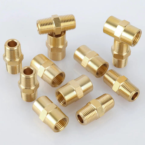 Brass Pipe Fittings Set Twelve Pieces Hex Nipple And Coupling NPT One Eighth Inch Male And Female Threads For Plumbing DIY Friendly Easy Install Durable Seal Quick Connect Hardware Kit, 1/8 in brass fittings