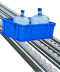 Heavy Duty Conveyor Roller Pulley 32.8 Feet Long supports 300 lbs load, moving blue crate with water bottles on stainless steel rollers.