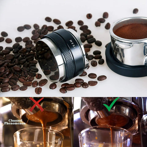 Dual Head Espresso Distributor And Tamper For 53mm And 54mm Portafilters next to coffee beans and espresso portafilter.