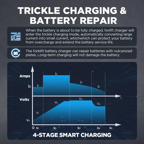Trickle charging diagram explaining 4-stage smart charging for 24V 20A Smart Forklift Battery Charger With LCD Display for Auto Pallet Jacks.