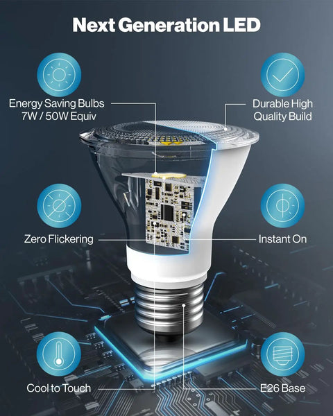 Cutaway view of PAR20 LED Flood Light Bulbs 500 Lumens 7W 50W Equivalent Dimmable Track Lighting 2700K Soft White E26 Medium Base