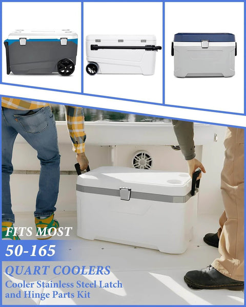 Cooler Hinges And Latch Replacement Kit For Igloo Coolers shown on various models, highlighting stainless steel hinges and latch installation.