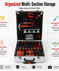 899-Piece Home Repair Tool Set With Rolling Aluminum Tool Chest and Four-Drawer Case open showing organized sections.