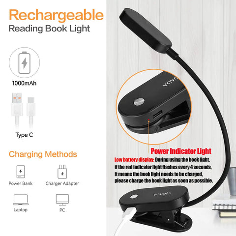 Rechargeable Clip On Book Light With 14 LEDs Eye Care Amber Reading Lamp with charging instructions shown