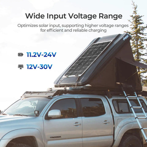 Car with a roof solar panel system demonstrating DC To DC MPPT Battery Charger 12V 40A 670W Dual Charging For RV And Marine Use.