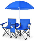 Blue Grab And Go Double Portable Picnic Chair With Detachable Umbrella Built In Cooler Bag And Cup Holders Folding Camping Chair
