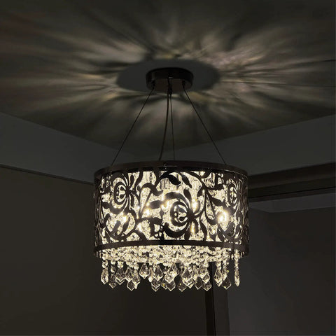 Modern Crystal Drum Chandelier With Six Beaded Crystals, 14.9 Inch Ring Pendant Ceiling Light in stainless steel drum shade