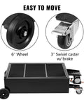 Low Profile 25 Gallon Oil Drain Pan With 110V High Flow Electric Pump showing 6" wheels and 3" swivel casters with brake.