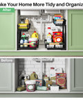 Heavy Duty Under Sink Organizer With Smooth Metal Slide Out Drawers That Are A Total Knockout For Taming Messy Cabinets And Handling The Heavy Lifting Around The House In Black Two Pack with organized and cluttered views.