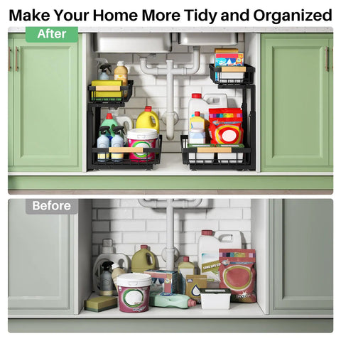 Heavy Duty Under Sink Organizer With Smooth Metal Slide Out Drawers That Are A Total Knockout For Taming Messy Cabinets And Handling The Heavy Lifting Around The House In Black Two Pack with organized and cluttered views.