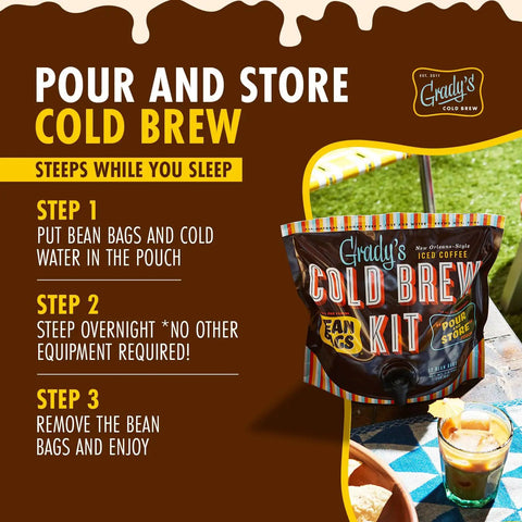 New Orleans Style Cold Brew Kit With Chicory Pouches And 100 Percent Arabica Ground Coffee packaging on picnic table