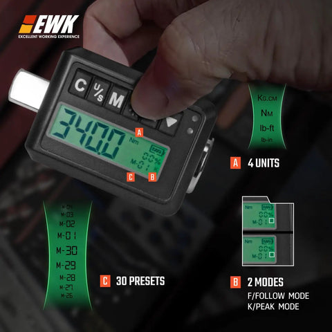 Half Inch Drive Digital Torque Adapter For 12.5 To 250 Foot Pounds With LED Display And Buzzer Alert showing 340.0 reading
