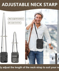 Man wearing hands free travel neck wallet with RFID blocking passport holder, adjustable up to 26.4 inch strap, dark grey.
