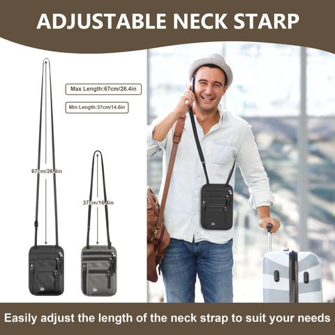 Man wearing hands free travel neck wallet with RFID blocking passport holder, adjustable up to 26.4 inch strap, dark grey.