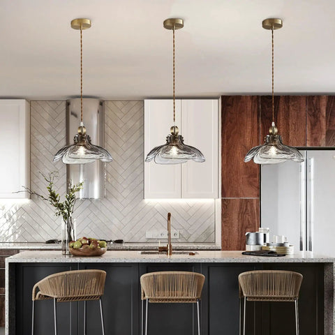 Grey Glass Pendant Light Fixture 12.99 Inch Diameter Vintage Farmhouse Hanging Light in kitchen over island.