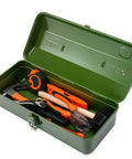 Open green Built Tough 15 Inch Metal Tool Box With Locking Lid And Carry Handle Portable Tool Storage Case showing tools inside