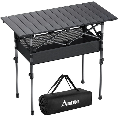 Three Foot Roll Top Aluminum Camping Table With Two Adjustable Heights, Lightweight Fold Up Design With Storage Net, 32.2x16, Black