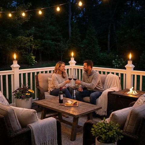 Outdoor deck with Built In Torch Holder For Tiki Torches On Your Deck Tool Free Click On Installation Wind Resistant Secure Fit