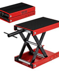 Beefy 1100 Lbs Motorcycle Scissor Lift Jack With Height Adjustable Range Rubber Top Surface And Safety Pin Foldable Center Stand