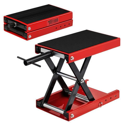 Beefy 1100 Lbs Motorcycle Scissor Lift Jack With Height Adjustable Range Rubber Top Surface And Safety Pin Foldable Center Stand