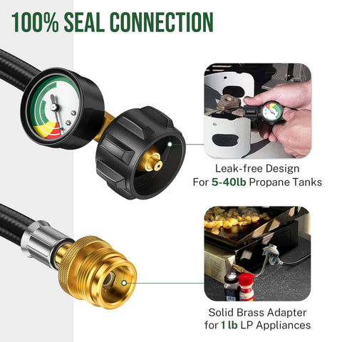 Propane Hose Adapter 1lb To 20lb With Gauge 6 Foot LP Gas Hose Converter For Weber Q Grill Coleman Stove Blackstone Griddle Buddy Heater Your Go To Outdoor Grilling Gear Easy To Connect And Durable showing gauge and brass fittings