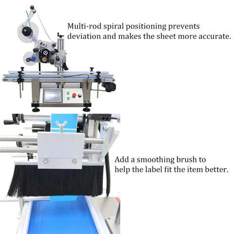 Desktop Conveyor Plane Labeling Machine 110V Plug And Play Adjustable Bottle Label Applicator showing multi-rod spiral positioning for accuracy.