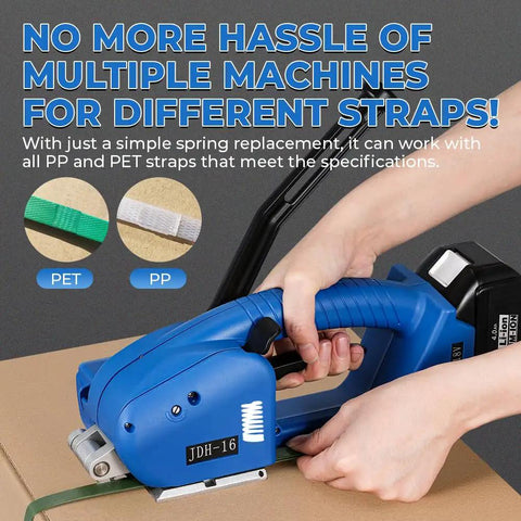 Handy Workhorse Semi Automatic Electric Strapping Machine Dual 4000mAh Batteries Manual Tensioning Control sealing PET strap on carton.