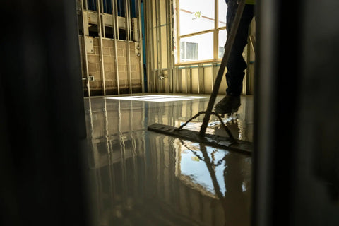 Worker applying No Sweat Setup Self Leveling Concrete Underlayment 50 Lb Bag on smooth interior floor.