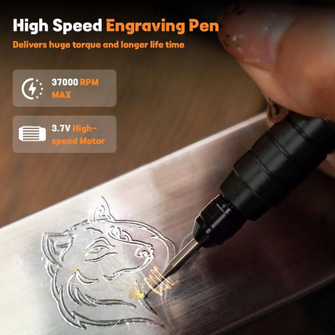 Close-up of Heavy Duty 37000 RPM Cordless Engraving Pen carving a detailed wolf design on metal surface.
