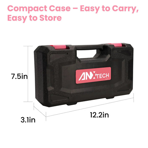 Compact storage case for Pink Tool Set For Women With 50-Piece All-In-One Hand Tool Kit, labeled 'ANXTECH', 7.5x12.2x3.1 inches