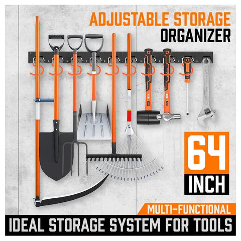 64 Inch Adjustable Wall Mount Tool Organizer Rack for Garage and Shed with holders for mop, broom, shovel, rake and tools.