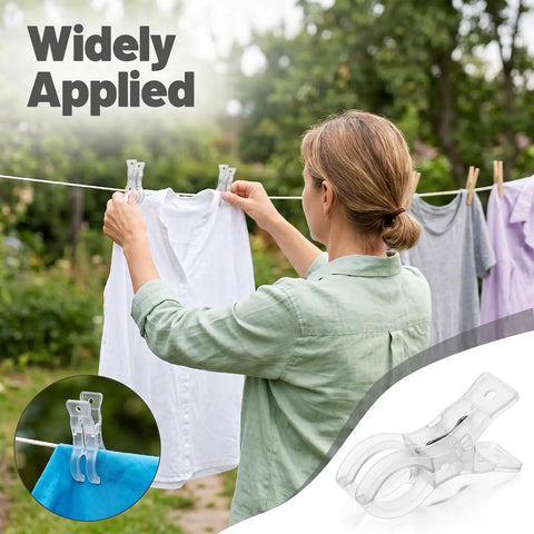 Grab These Heavy Duty 3.5 Inch Clear Balloon Arch Clips And Make Your Next Party Or Wedding Look Totally Awesome With Secure Spring Clamps That Grip Tight And Keep Balloons Stacking Smooth For Epic Backdrops. woman using clear PET spring clips on a clothesline to hold shirts outdoors