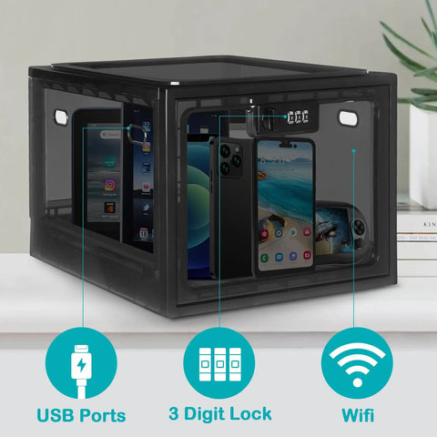 Go To Secure Combination Lock Box For Personal Items With Large Capacity in black, holding phones inside, 11.4 x 9 x 7.5 inches