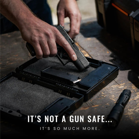 Close-up of hands placing a handgun into a Compact Mechanical Handgun Lock Box For Instant Access Portable Safe Case, TSA compliant.