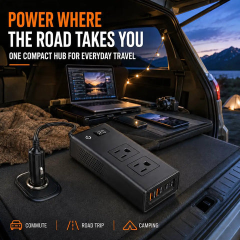 Heavy Duty 400W Car Power Inverter 12V DC To 110V AC For Tesla And EVs Straight Plug In Accessory Adaptor on a vehicle console.