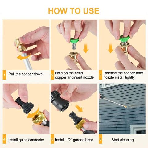 Step-by-step guide to using the 7 In 1 High Pressure Hose Nozzle With 0 To 65 Degree Adjustable Spray for cleaning surfaces.