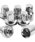 Solid M14 X 1.5 Wheel Lock Lug Nuts With Anti Theft Key Sockets, chrome steel, group of 7 locking lug nuts and sockets.