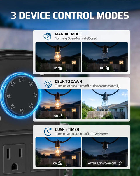Outdoor Power Stake Timer Equipped With Six Grounded Outlets And An Extended Six Foot Cord Designed For Effortless Backyard Vibes And Landscape Projects Featuring A Chill Weatherproof Dial With Reliable Dusk To Dawn Settings showing 3 control modes and settings.