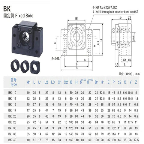 Detailed diagram of BK12 fixed side for Fixed And Floating Ball Screw Set For SFU1605 With BK12 BF12 Bearing Blocks End Supports And Bearing Mounts For CNC Machine Parts Ideal For Precise Linear Motion In DIY Routers And Machining Centers, including dimensions and specifications chart.