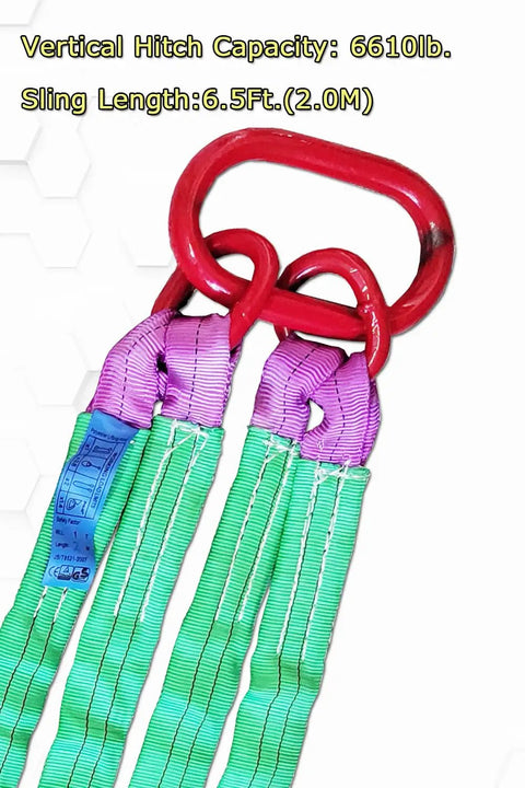 Four Leg Web Sling Belt Type With Hook 6.5Ft 6610Lb Working Load Limit showing green polyester straps with red hooks