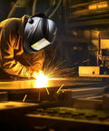 TRQWH laser welding helmet with large viewing visor, black safety mask worn by worker welding metal
